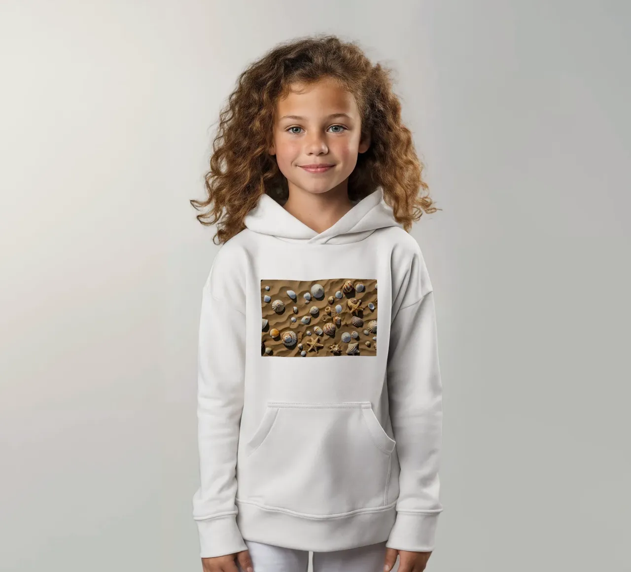 Una collezione di conchiglie e stelle marine sparse sulla sabbia felpa bambino con cappuccio da DesignDoodle