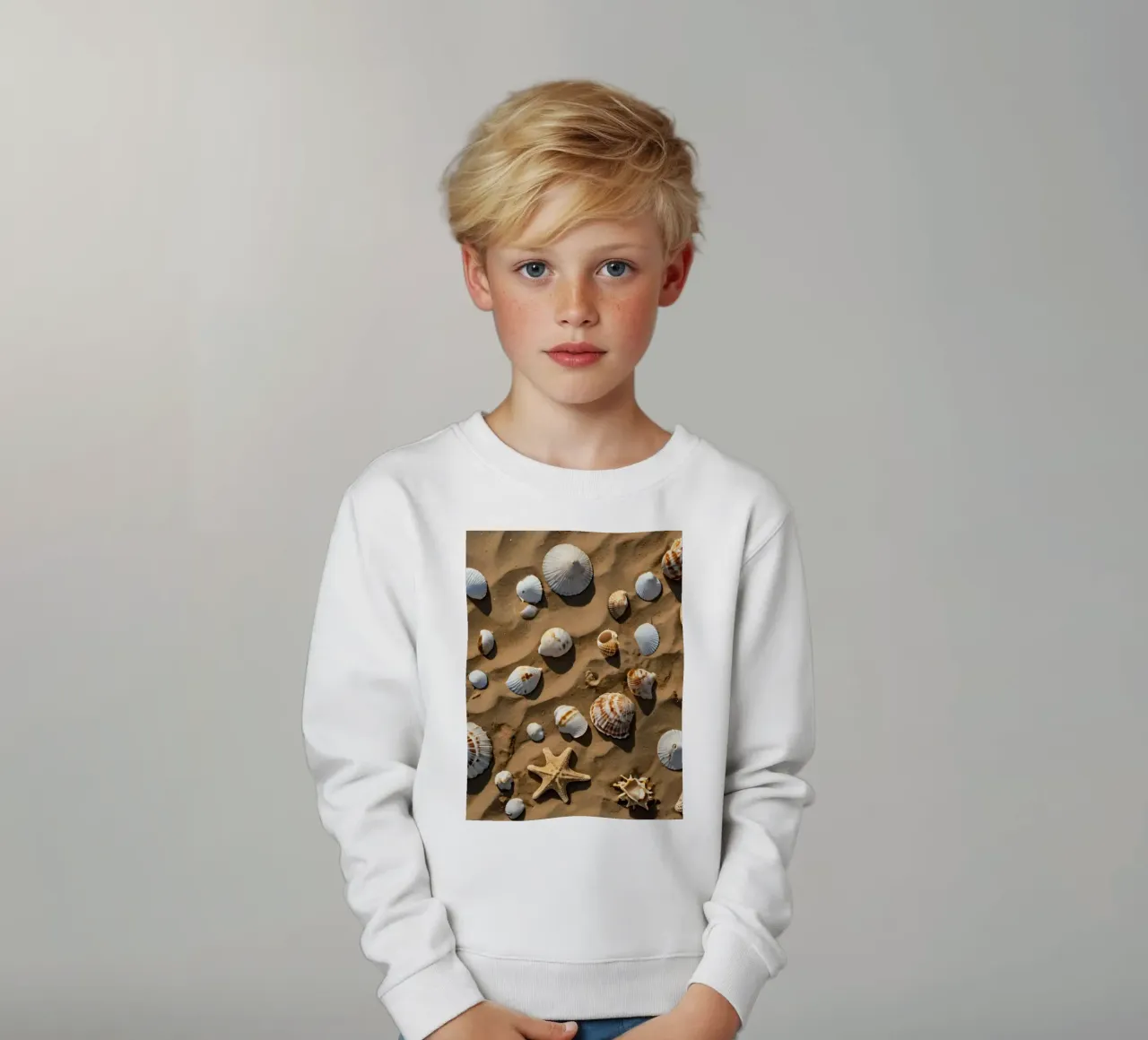 Una collezione di conchiglie e stelle marine sparse sulla sabbia felpa bambino da DesignDoodle