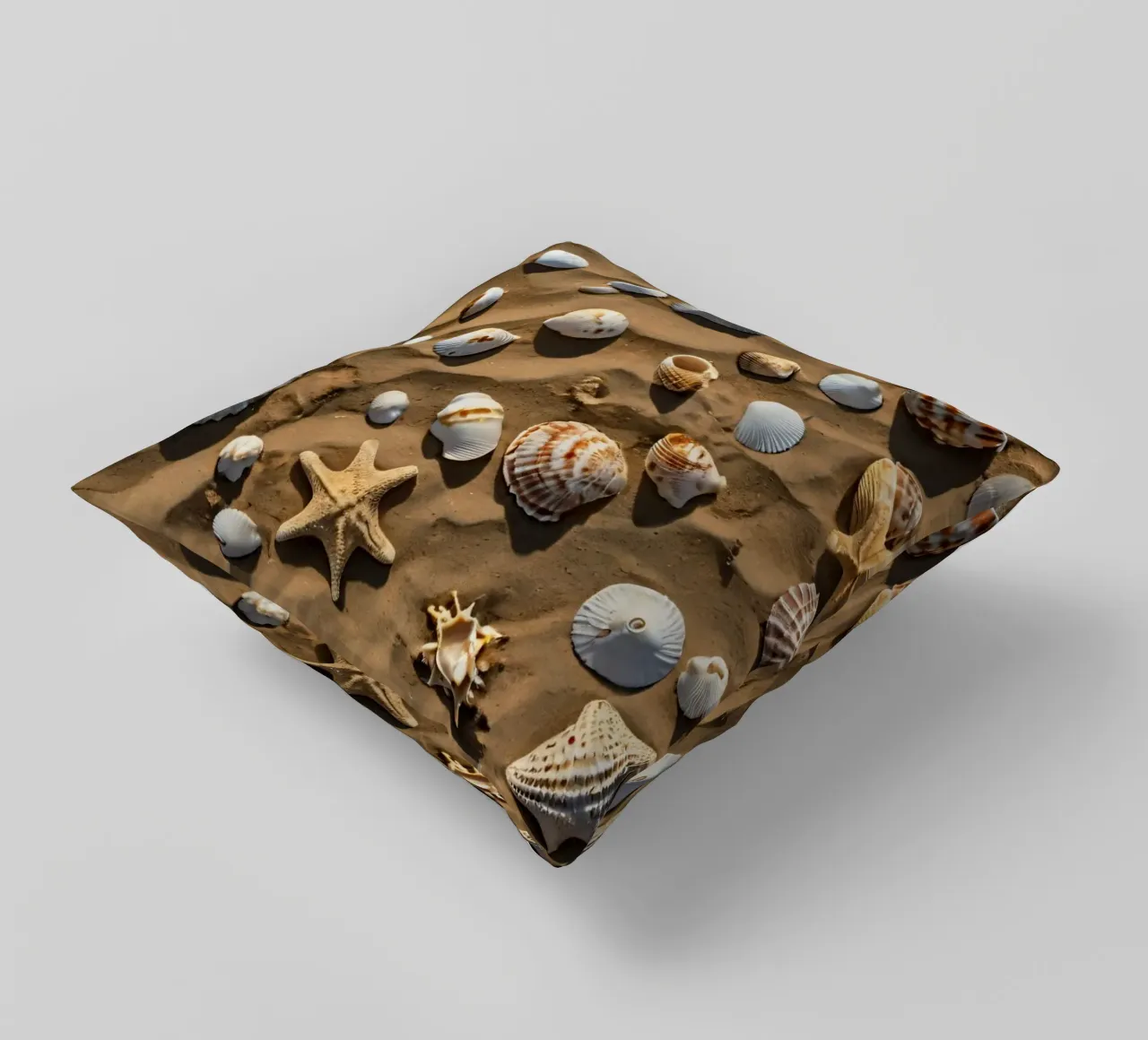 Una collezione di conchiglie e stelle marine sparse sulla sabbia cuscino da DesignDoodle