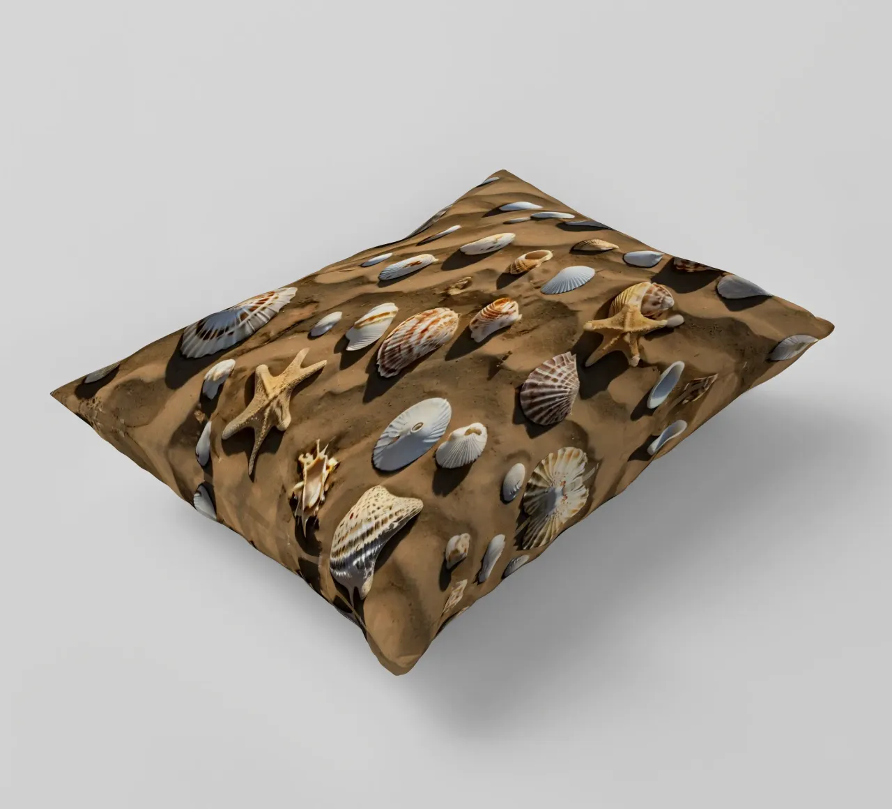 Una collezione di conchiglie e stelle marine sparse sulla sabbia cuscino da DesignDoodle
