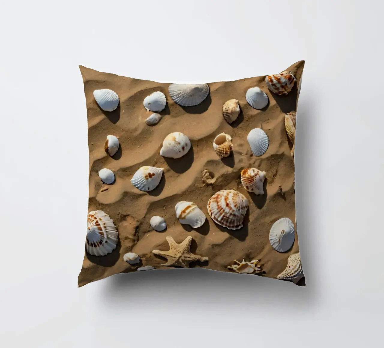 Una collezione di conchiglie e stelle marine sparse sulla sabbia cuscino da DesignDoodle