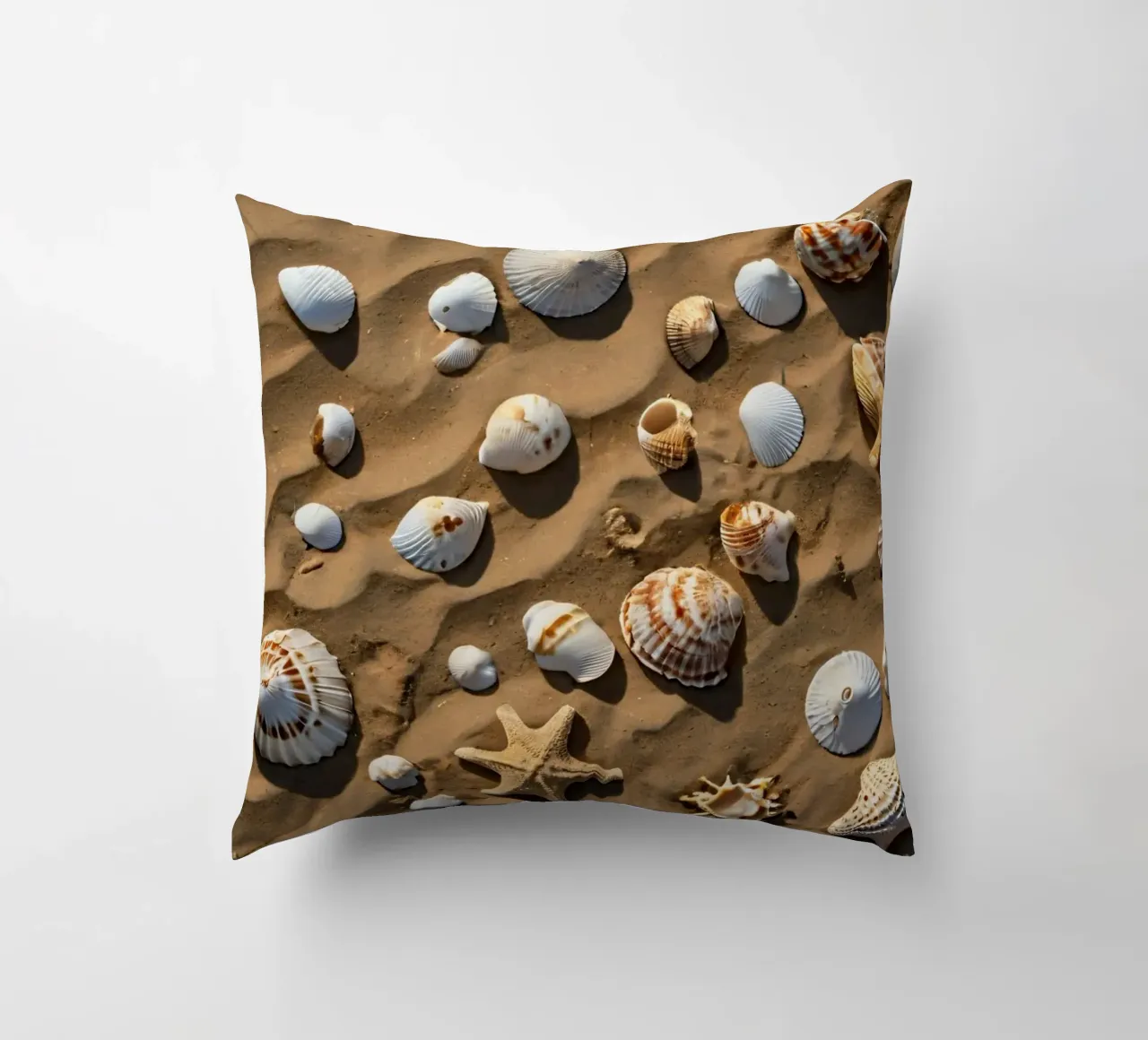 Una collezione di conchiglie e stelle marine sparse sulla sabbia cuscino da DesignDoodle
