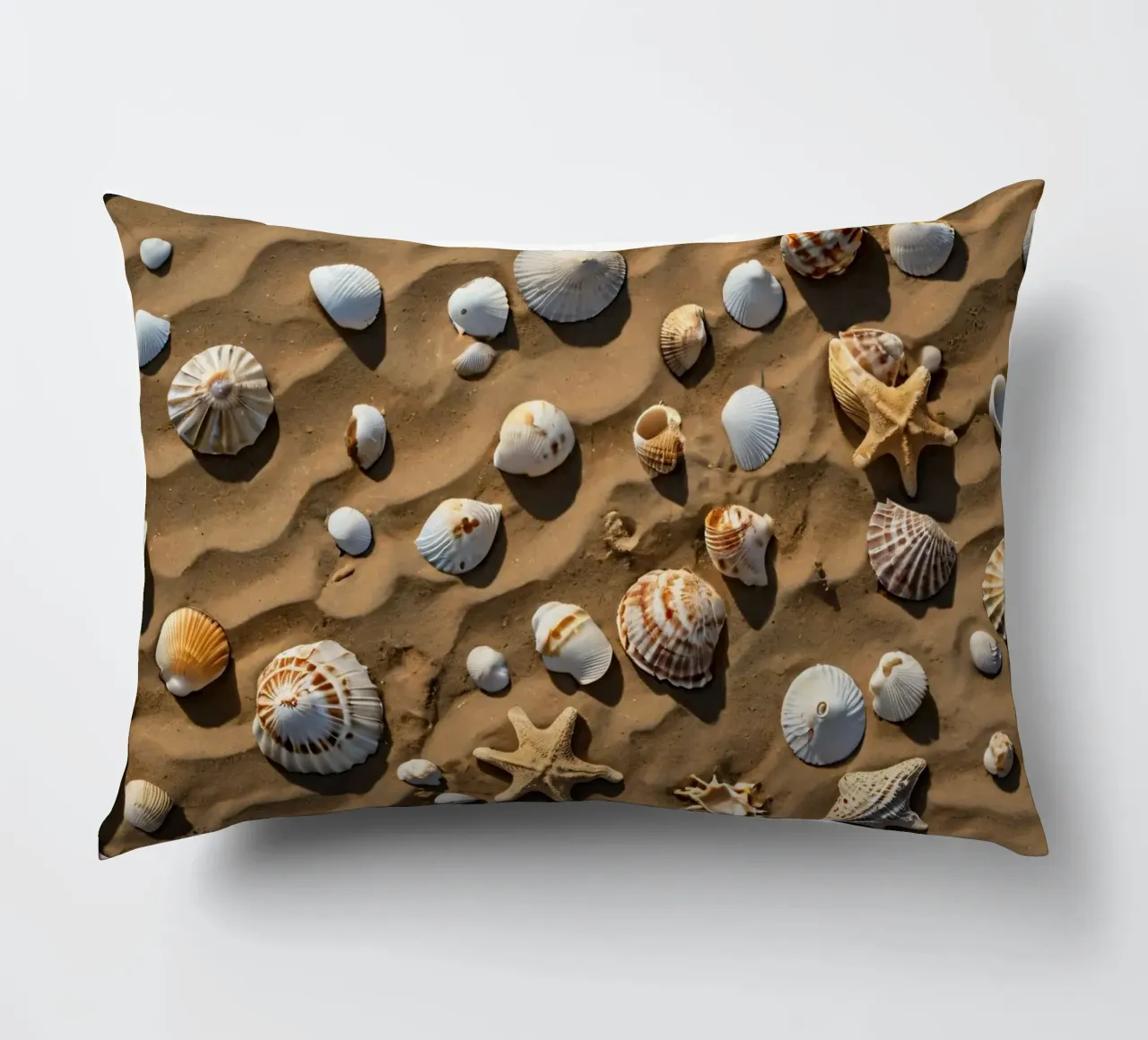 Una collezione di conchiglie e stelle marine sparse sulla sabbia cuscino da DesignDoodle