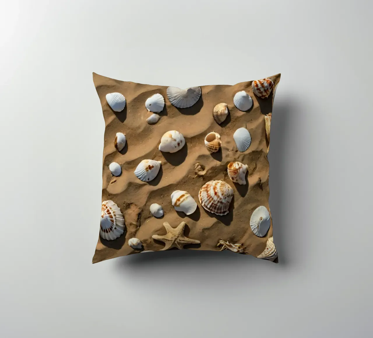 Una collezione di conchiglie e stelle marine sparse sulla sabbia cuscino da DesignDoodle