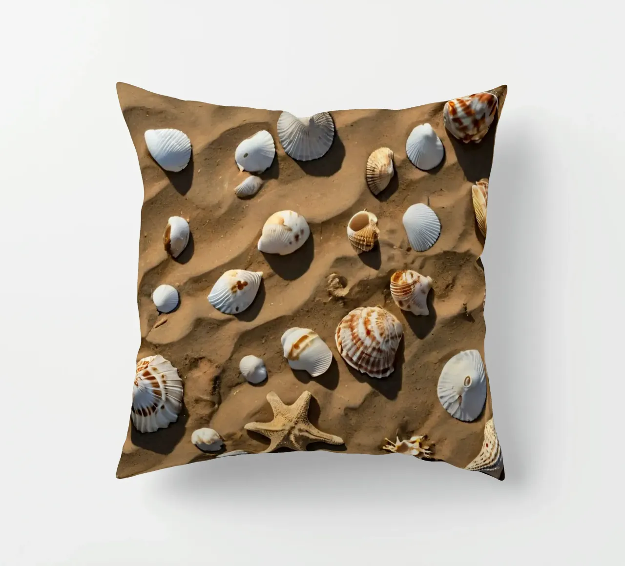 Una collezione di conchiglie e stelle marine sparse sulla sabbia cuscino da DesignDoodle