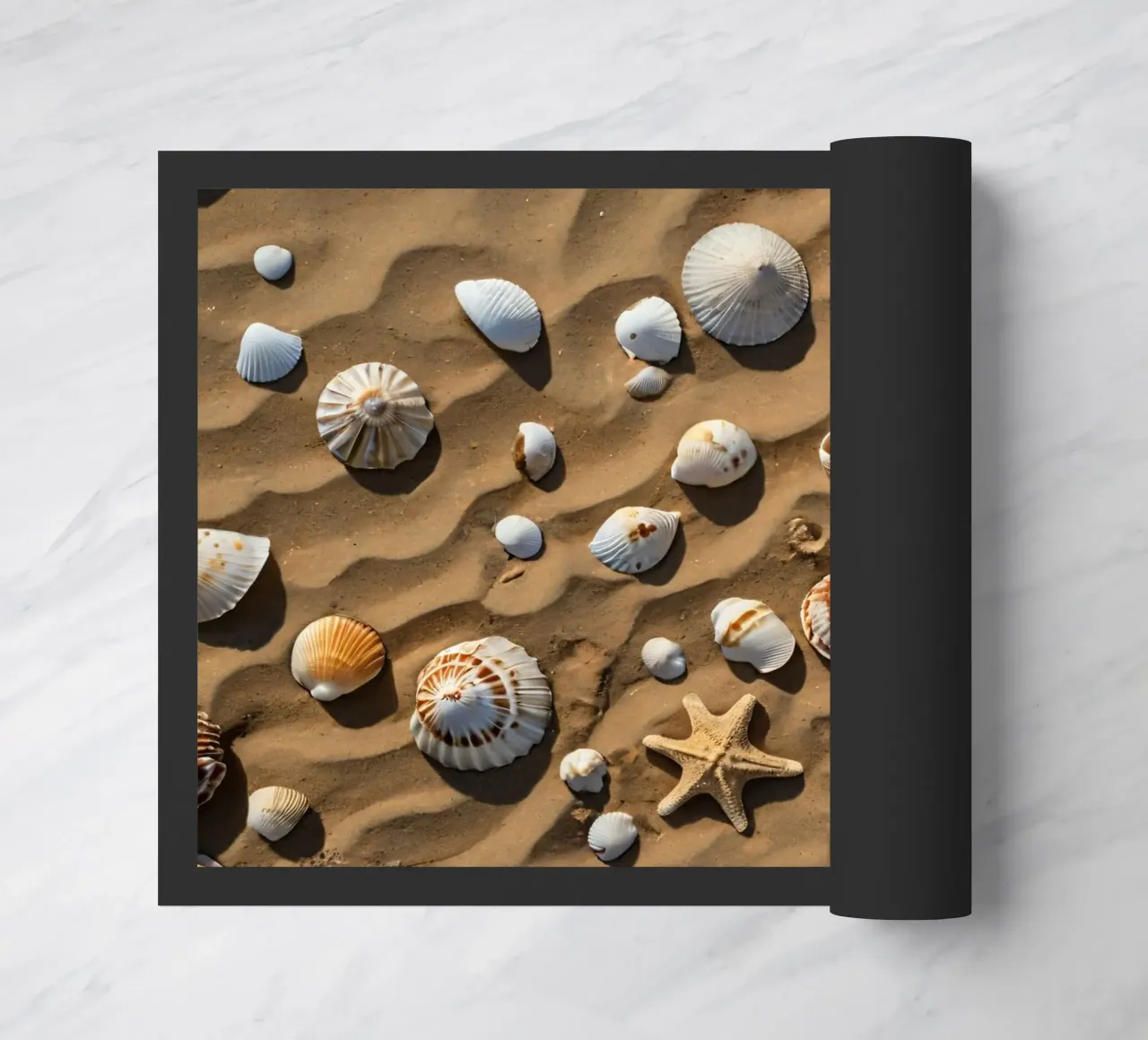 Una collezione di conchiglie e stelle marine sparse sulla sabbia zerbino da DesignDoodle