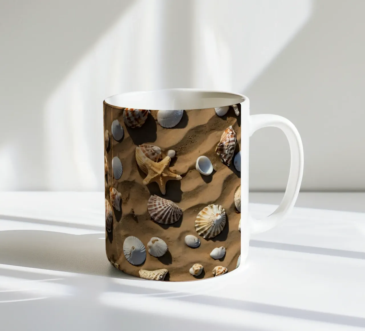 Una collezione di conchiglie e stelle marine sparse sulla sabbia tazza in ceramica da DesignDoodle