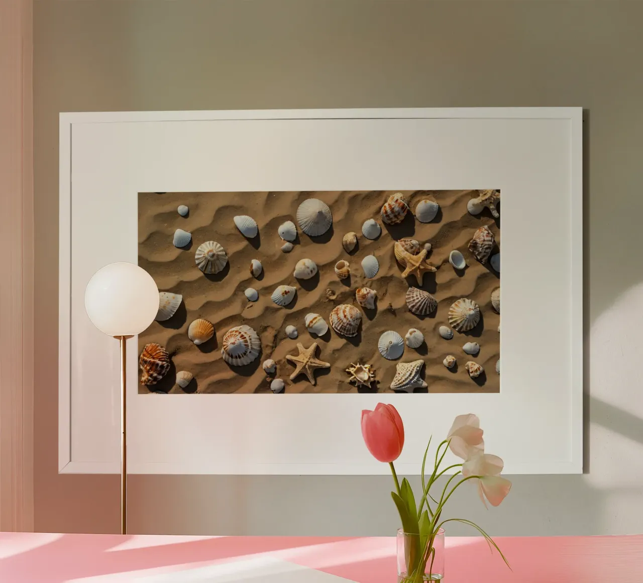 Eine Sammlung von Muscheln und Seesternen im Sand verstreut Poster mit Kunststoffrahmen von DesignDoodle