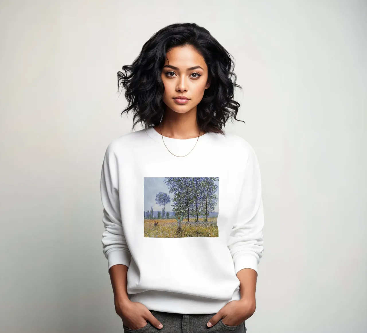 una mujer en un campo de flores sudadera de belong shop