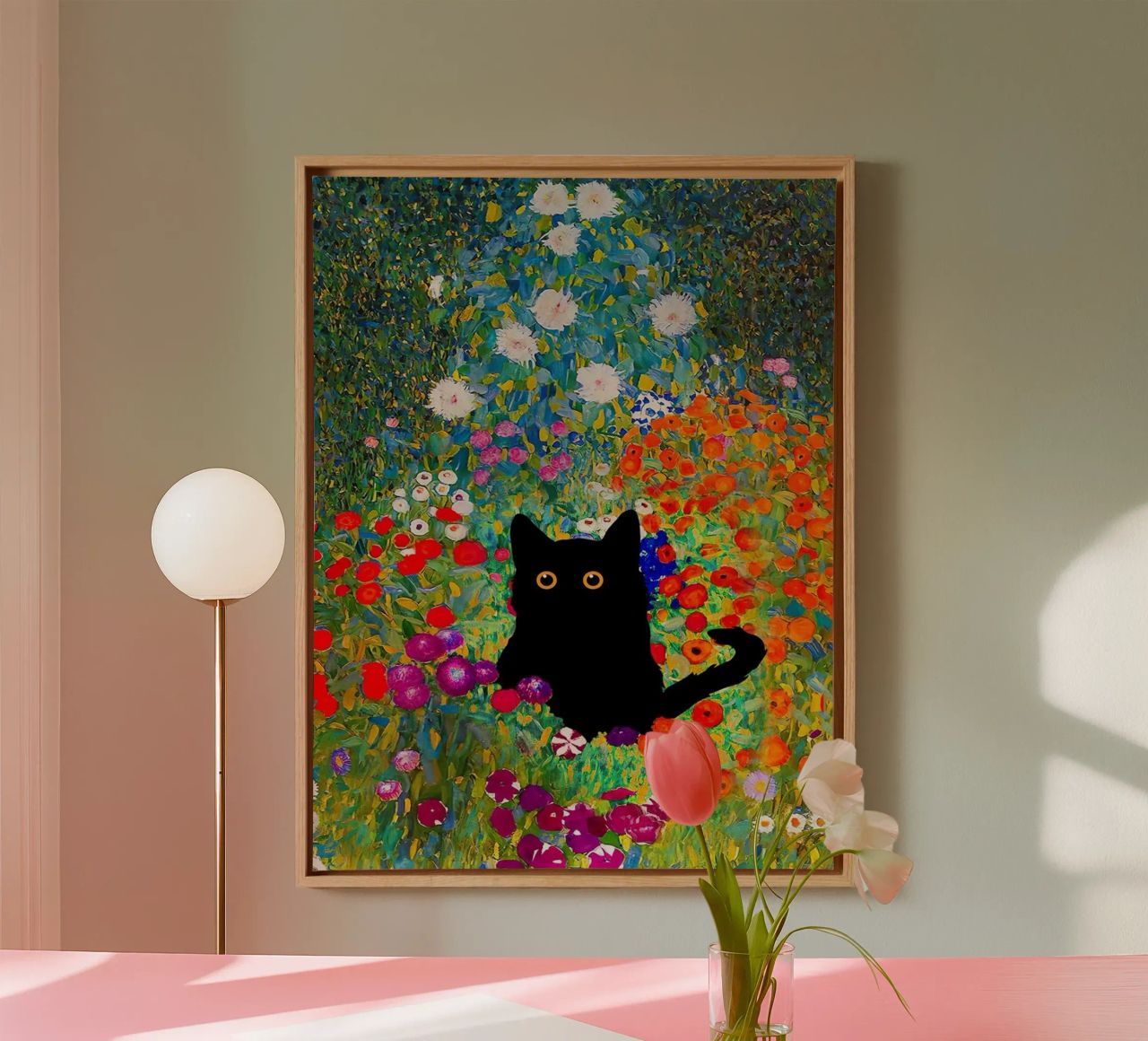 Gustav Klimt - Flowers and black cat Leinwand von Super Art