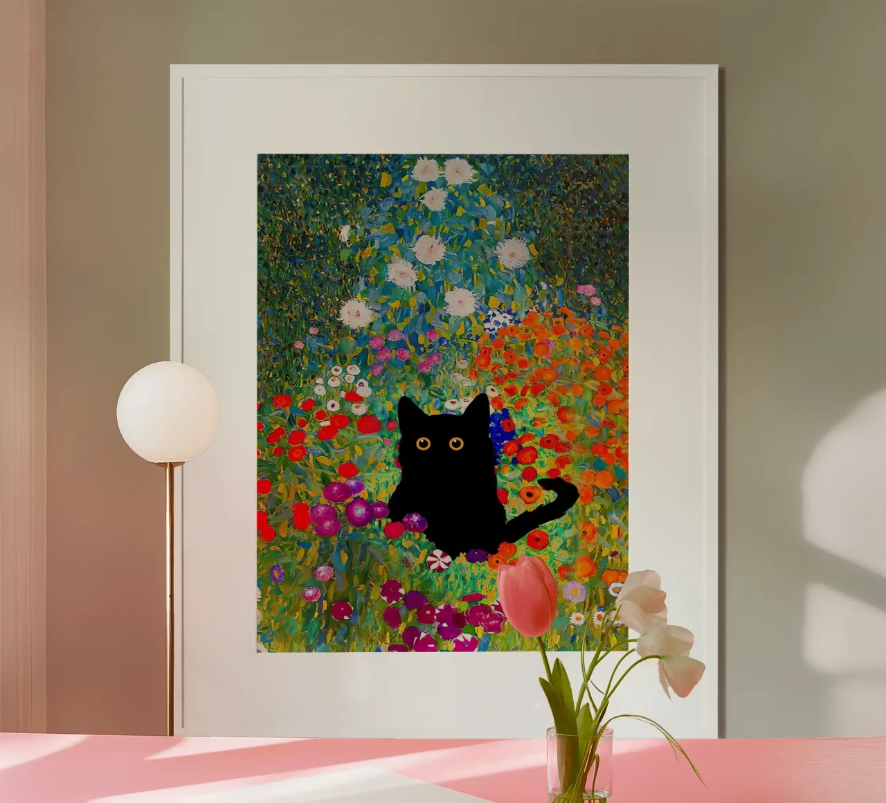 Gustav Klimt - Flowers and black cat poster con telaio in legno da Super Art
