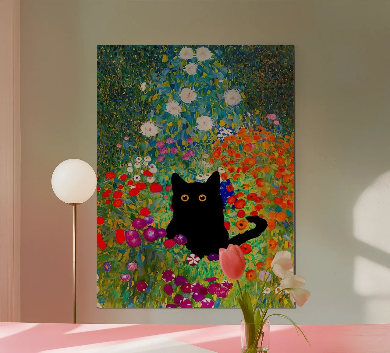 Gustav Klimt - Flowers and black cat poster con telaio in legno da Super Art