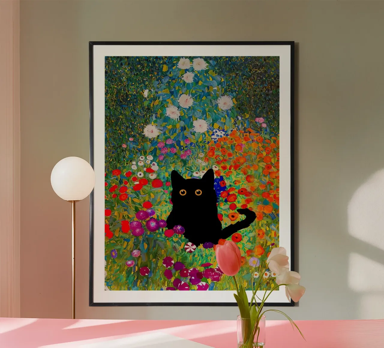 Gustav Klimt - Flowers and black cat poster con telaio in legno da Super Art