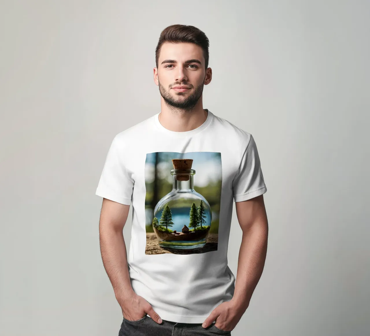Een miniatuur boslandschap in een glazen fles t-shirt van DesignDoodle