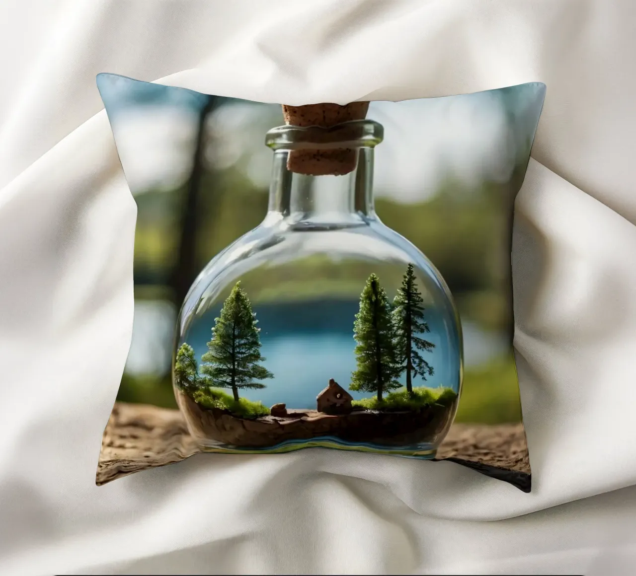 Un paesaggio forestale in miniatura in una bottiglia di vetro cuscino da DesignDoodle