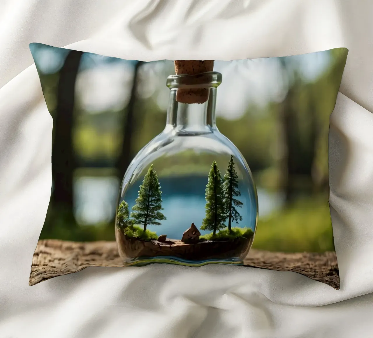Un paesaggio forestale in miniatura in una bottiglia di vetro cuscino da DesignDoodle