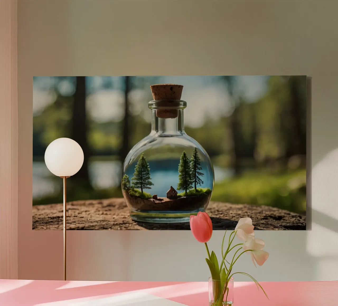 Een miniatuur boslandschap in een glazen fles canvas met Baklijst van DesignDoodle