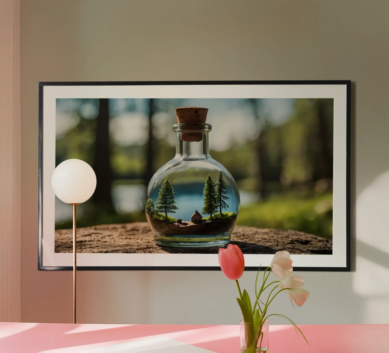 Un paesaggio forestale in miniatura in una bottiglia di vetro poster con telaio in legno da DesignDoodle