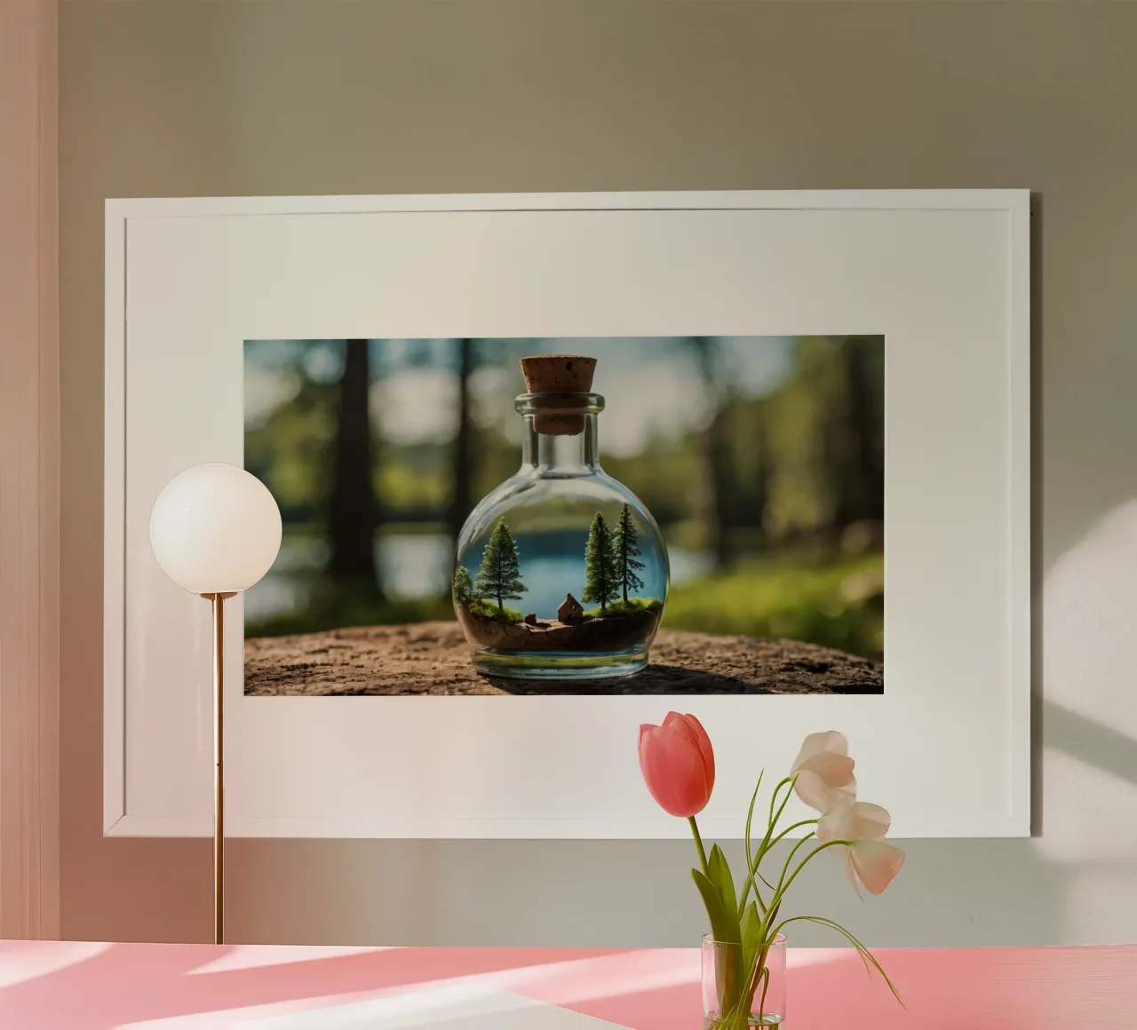 Un paesaggio forestale in miniatura in una bottiglia di vetro poster con telaio in legno da DesignDoodle