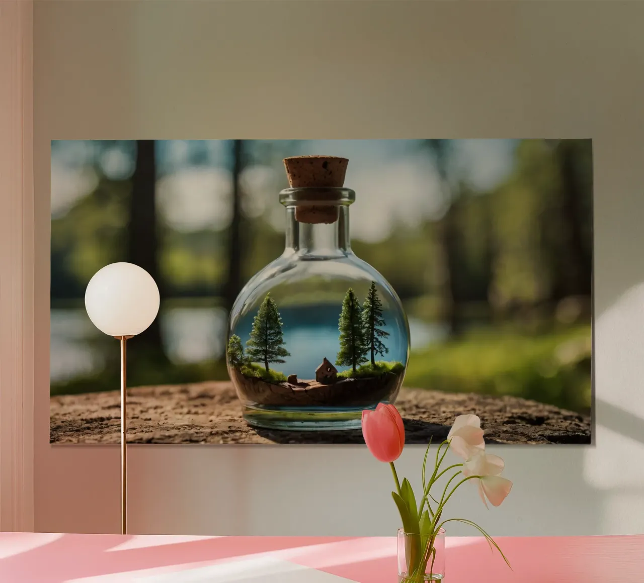 Un paesaggio forestale in miniatura in una bottiglia di vetro poster con telaio in legno da DesignDoodle