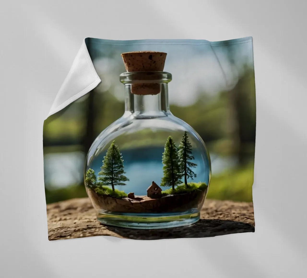 Een miniatuur boslandschap in een glazen fles fleecedeken van DesignDoodle
