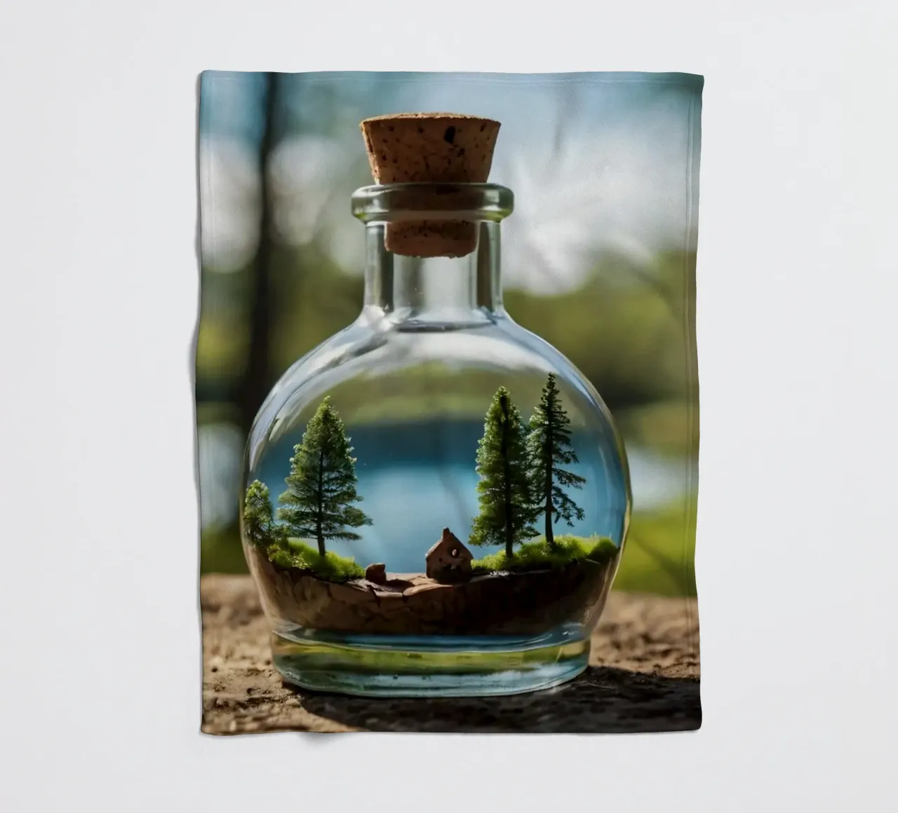 Een miniatuur boslandschap in een glazen fles fleecedeken van DesignDoodle