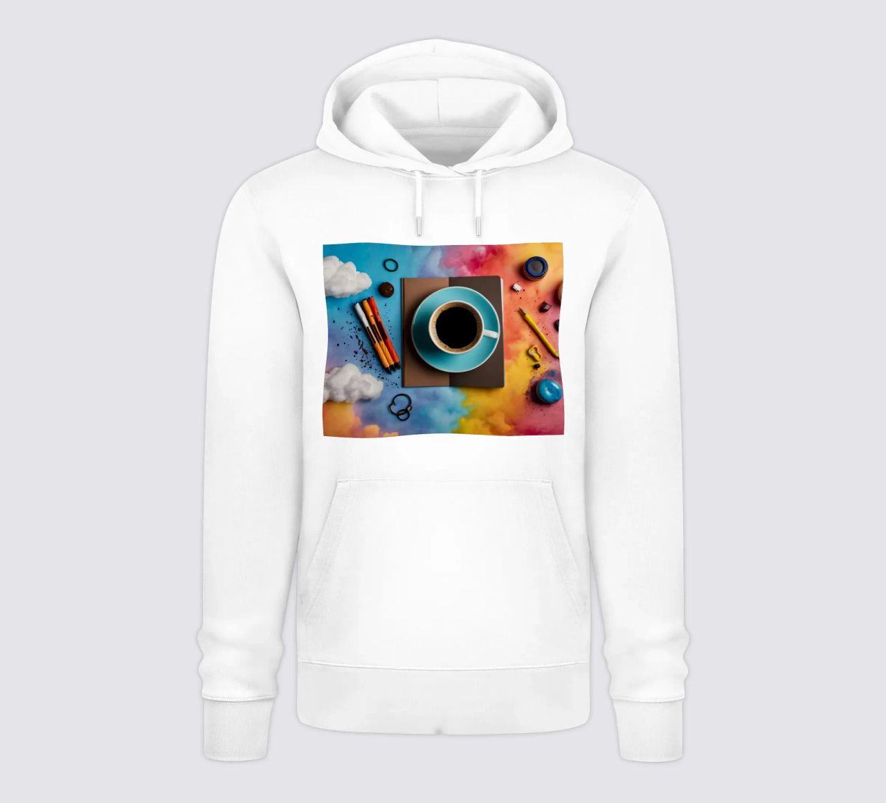 espace de travail avec une tasse de café bleue sur un tableau d'art coloré sweat à capuche de DesignDoodle