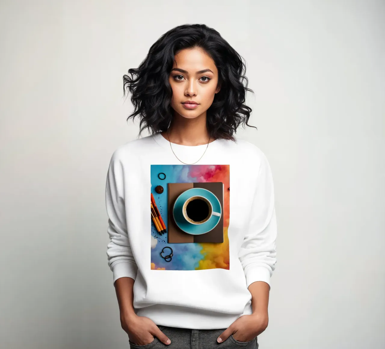 espacio de trabajo con una taza de café azul sobre un colorido arte sudadera de DesignDoodle