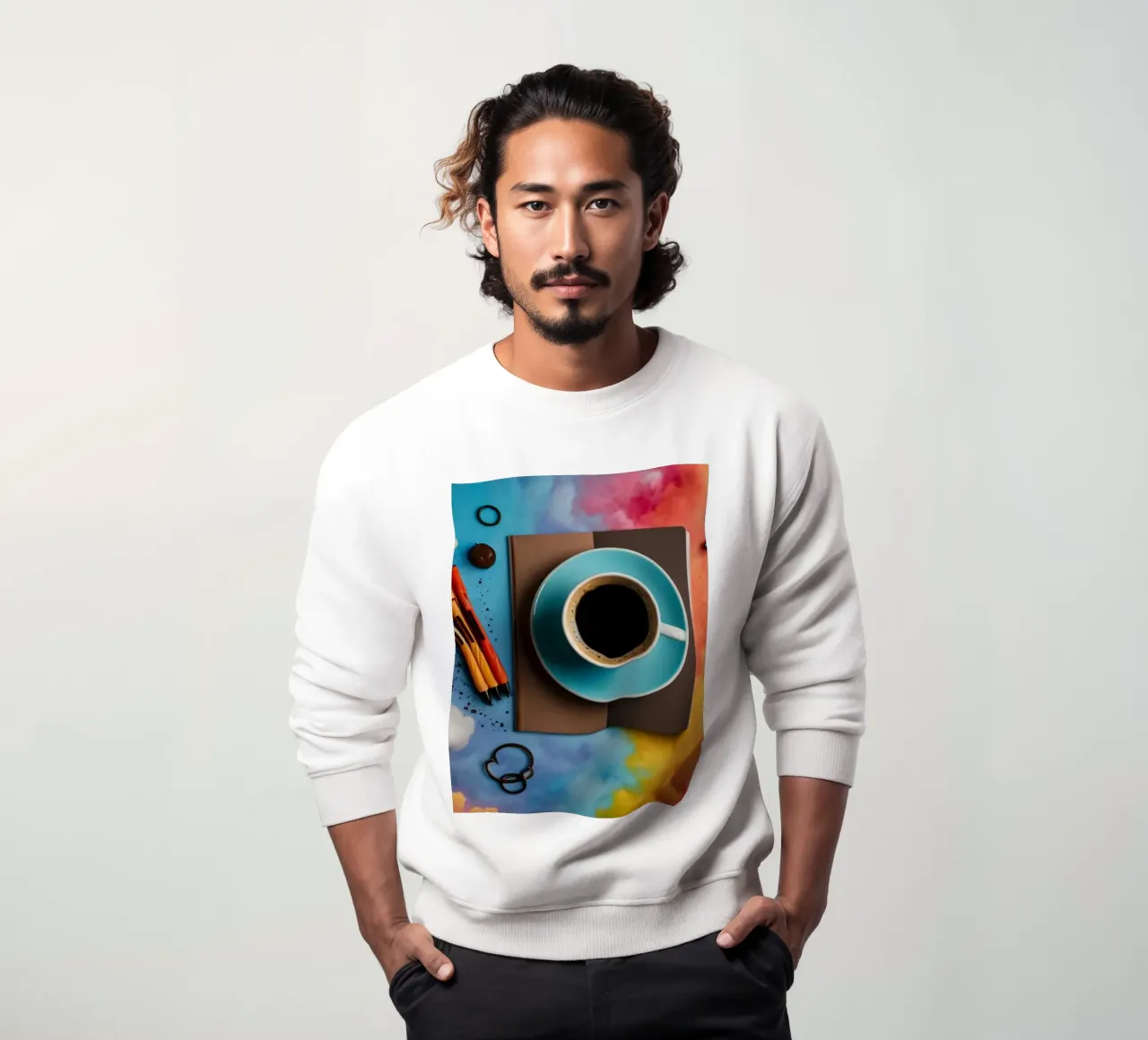 espacio de trabajo con una taza de café azul sobre un colorido arte sudadera de DesignDoodle