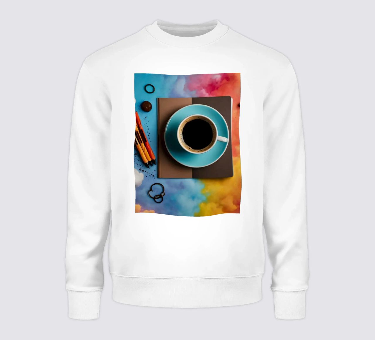 espace de travail avec une tasse de café bleue sur un tableau d'art coloré sweat de DesignDoodle