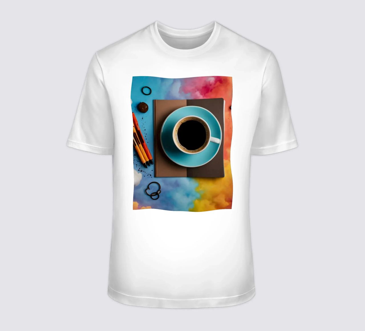 espace de travail avec une tasse de café bleue sur un tableau d'art coloré t-shirt de DesignDoodle