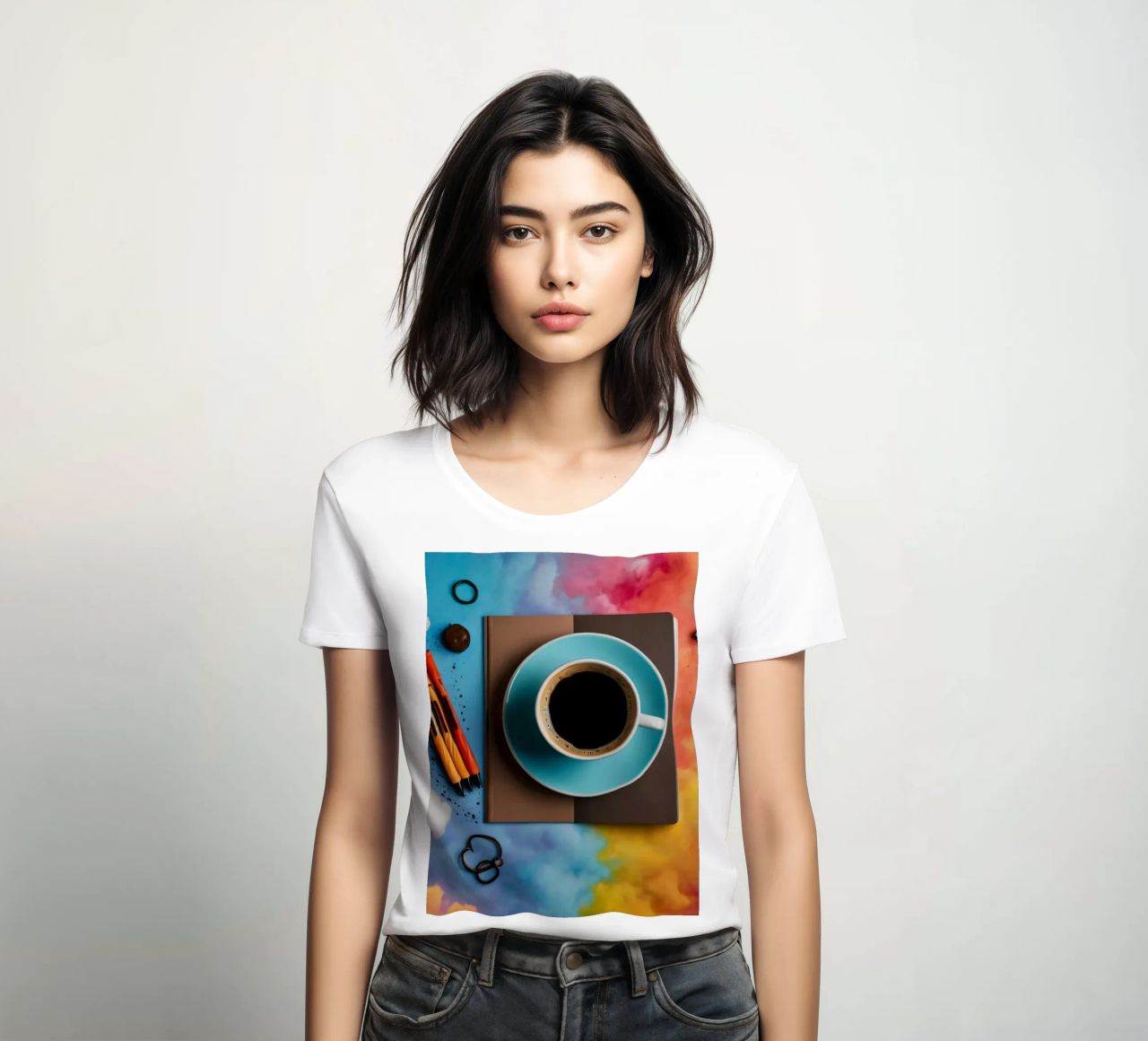 espace de travail avec une tasse de café bleue sur un tableau d'art coloré t-shirt ajusté pour femmes de DesignDoodle