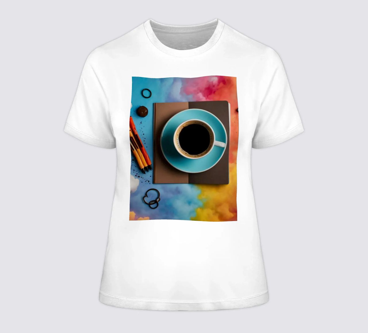 espace de travail avec une tasse de café bleue sur un tableau d'art coloré t-shirt ajusté pour femmes de DesignDoodle