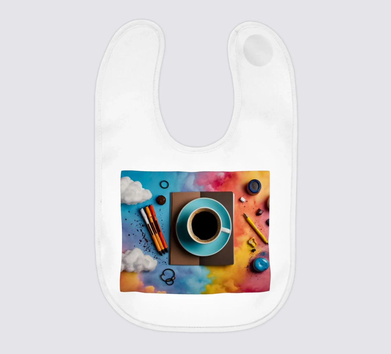 espace de travail avec une tasse de café bleue sur un tableau d'art coloré bavoir de DesignDoodle