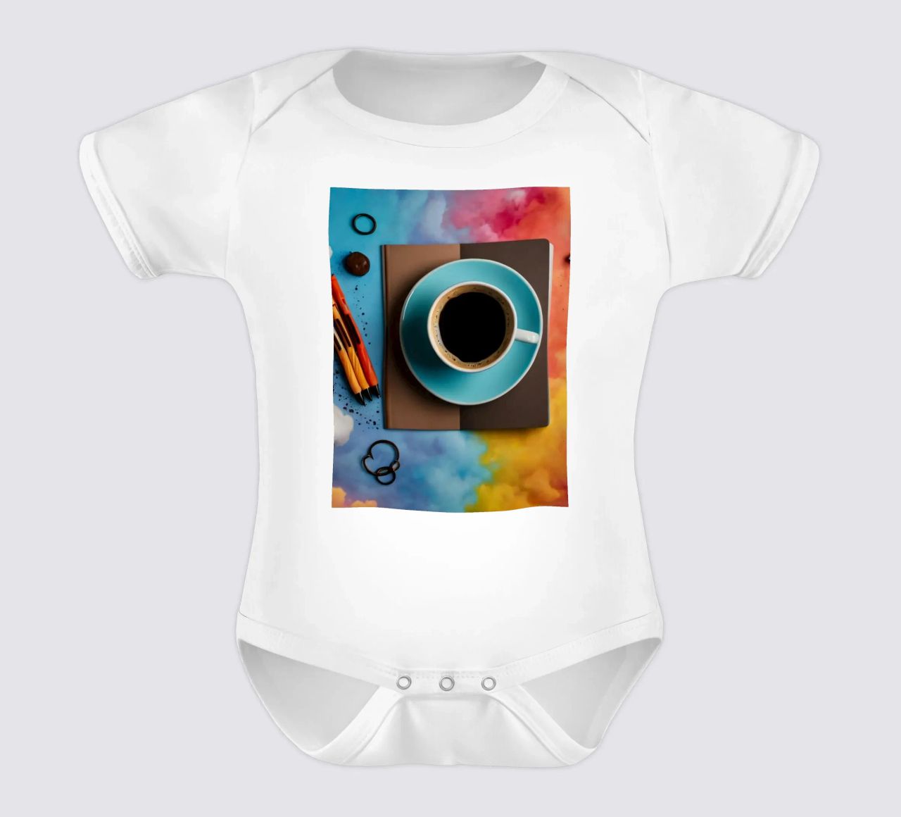 espace de travail avec une tasse de café bleue sur un tableau d'art coloré body bébé de DesignDoodle
