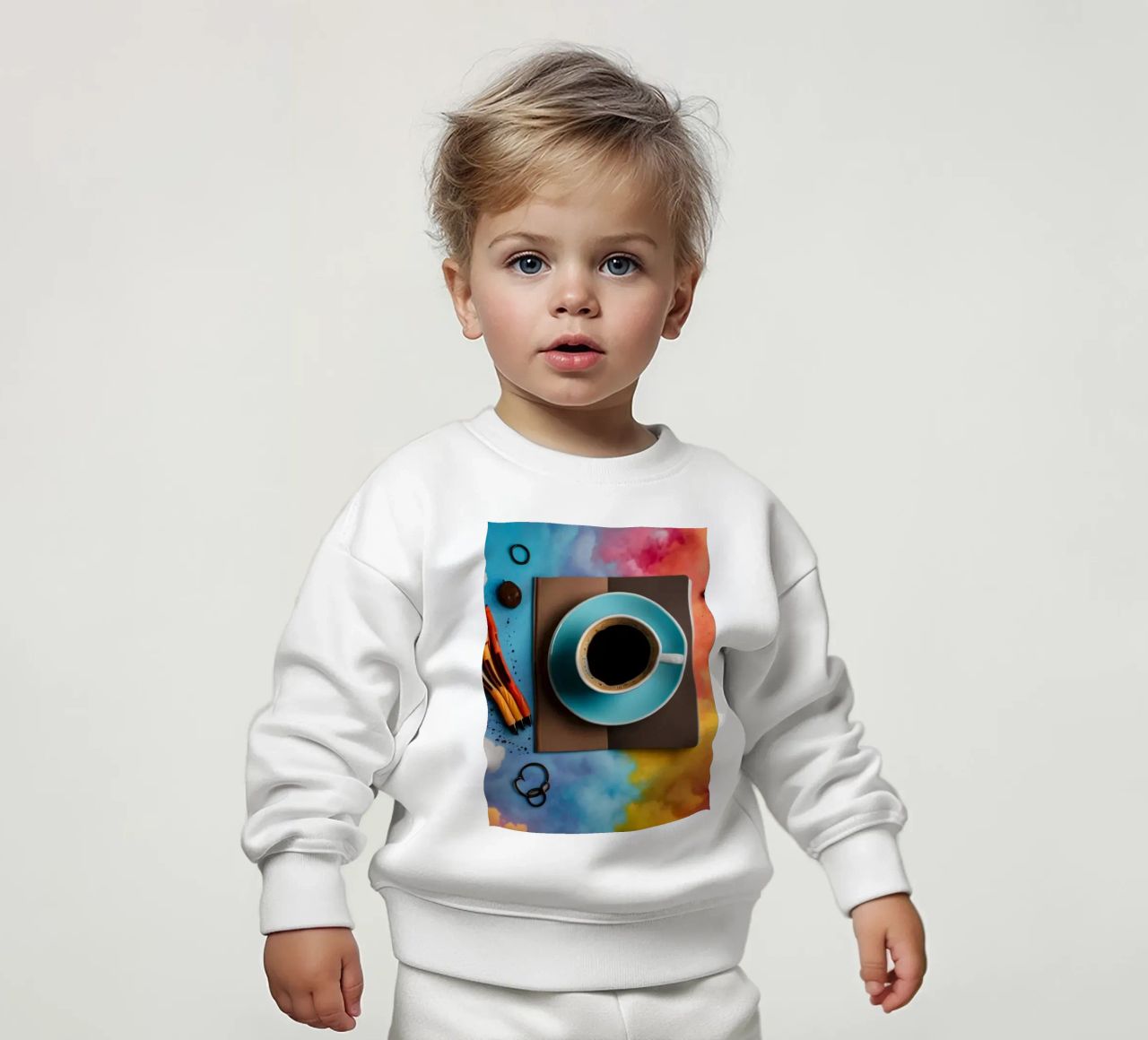 espace de travail avec une tasse de café bleue sur un tableau d'art coloré sweat pour bébé de DesignDoodle