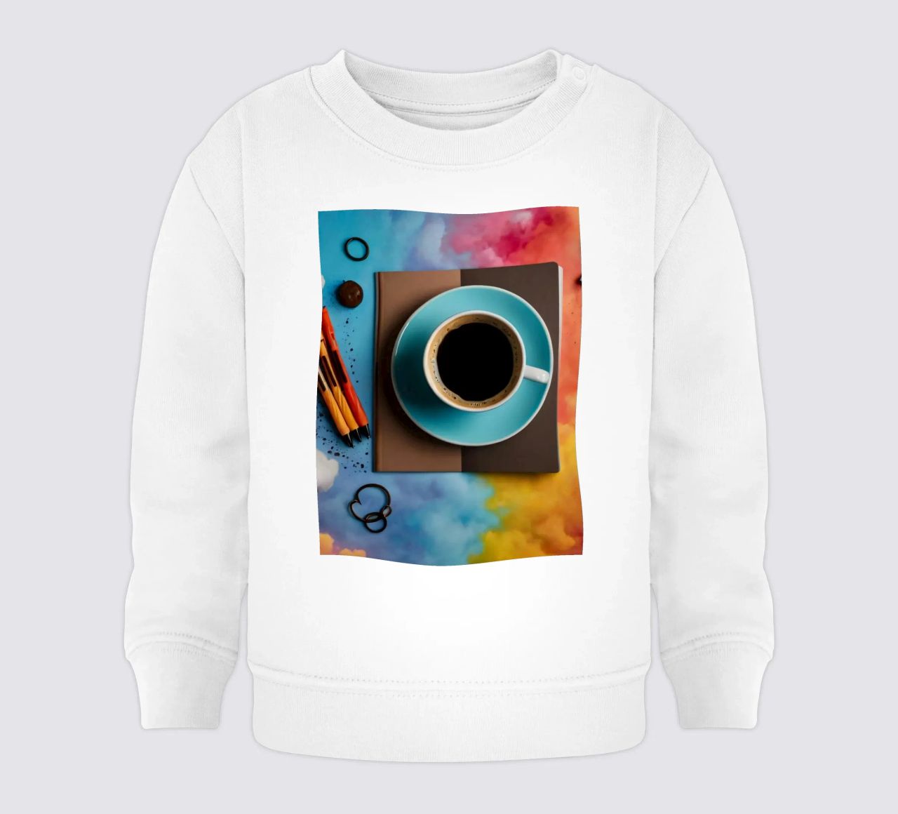 espace de travail avec une tasse de café bleue sur un tableau d'art coloré sweat pour bébé de DesignDoodle