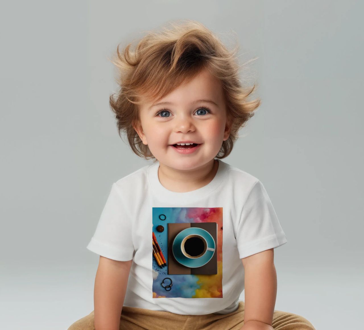 espace de travail avec une tasse de café bleue sur un tableau d'art coloré t-shirt pour bébé de DesignDoodle