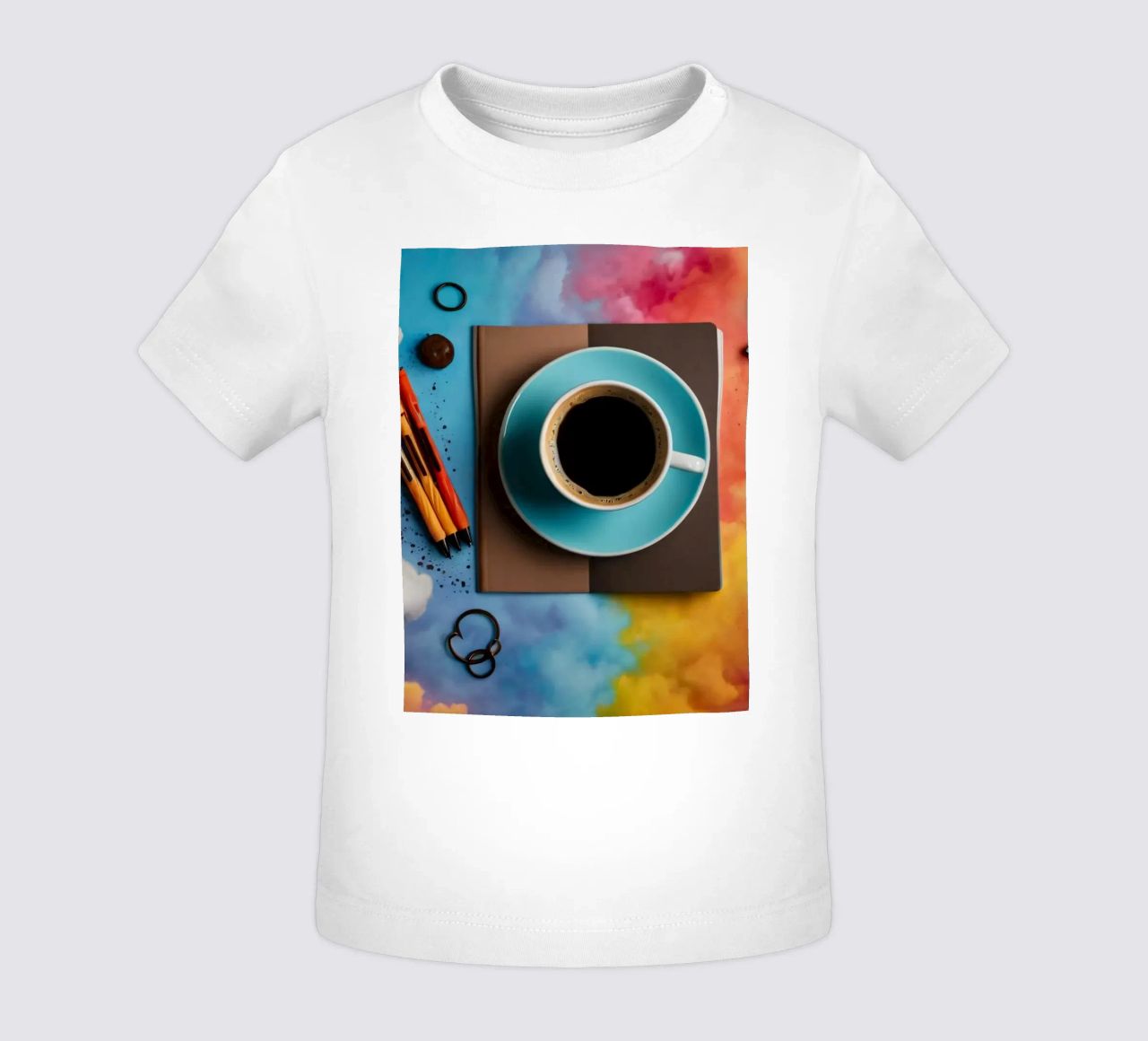 espace de travail avec une tasse de café bleue sur un tableau d'art coloré t-shirt pour bébé de DesignDoodle