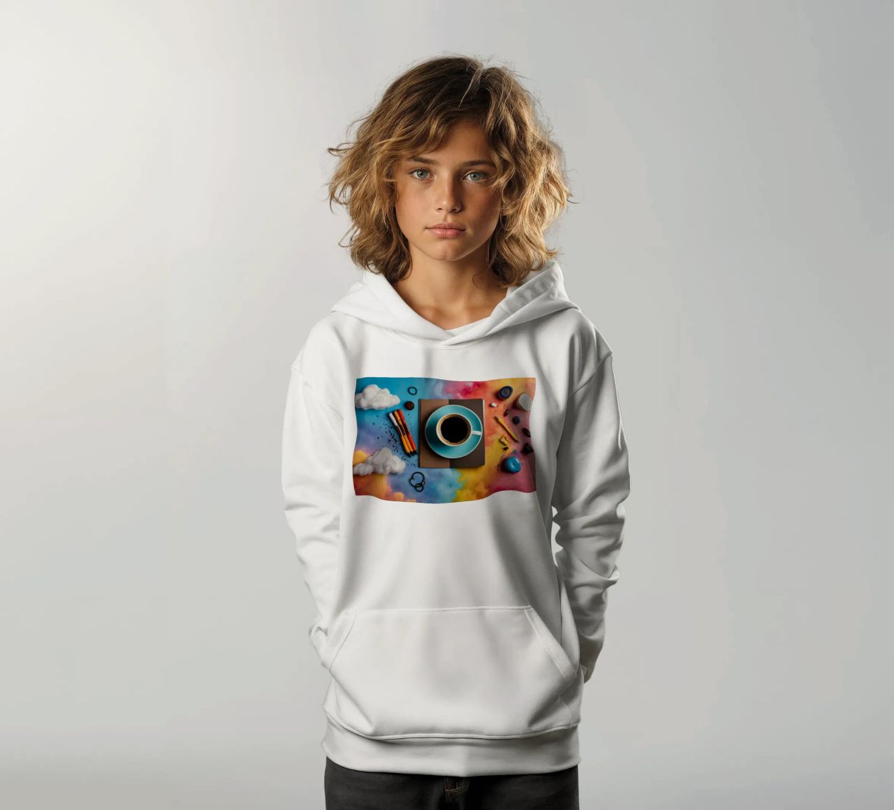 espace de travail avec une tasse de café bleue sur un tableau d'art coloré sweat à capuche enfant de DesignDoodle