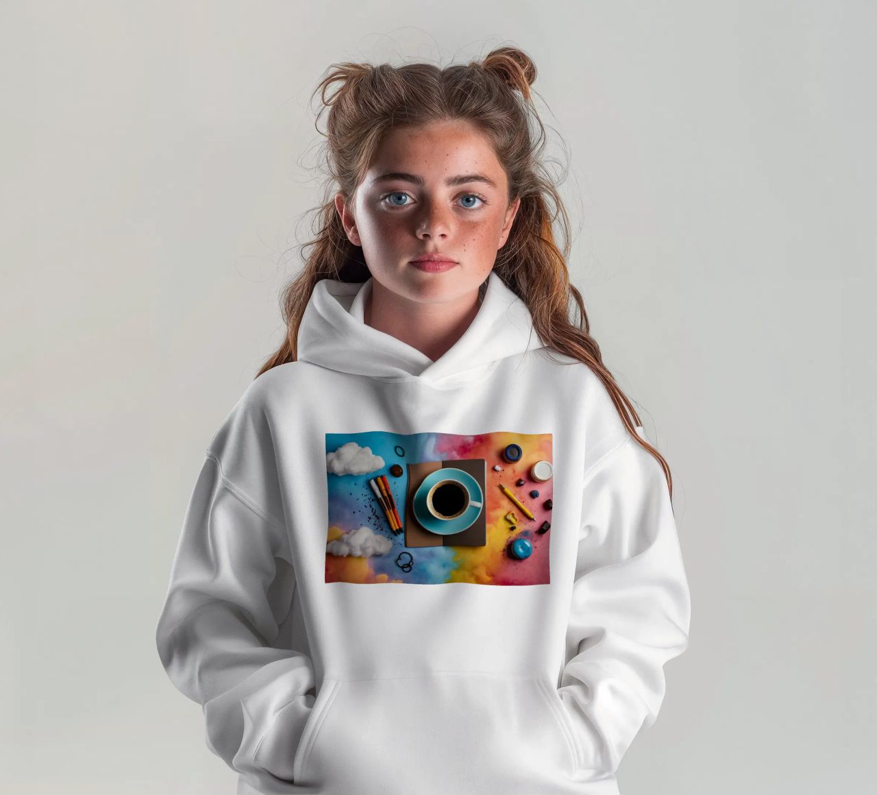 espace de travail avec une tasse de café bleue sur un tableau d'art coloré sweat à capuche enfant de DesignDoodle