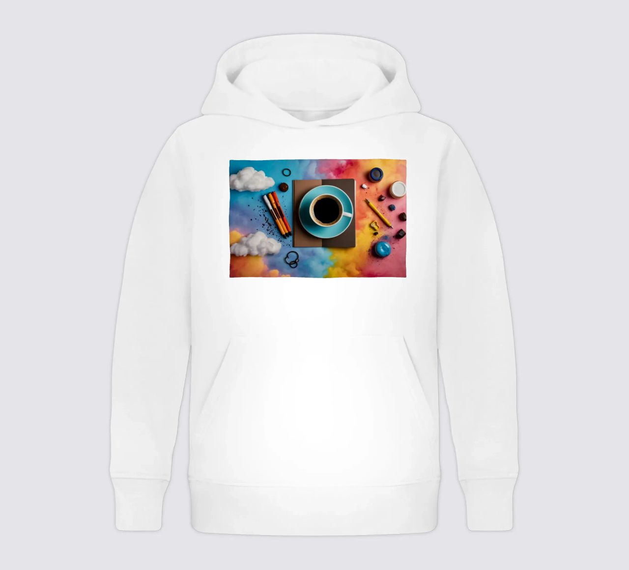 espace de travail avec une tasse de café bleue sur un tableau d'art coloré sweat à capuche enfant de DesignDoodle