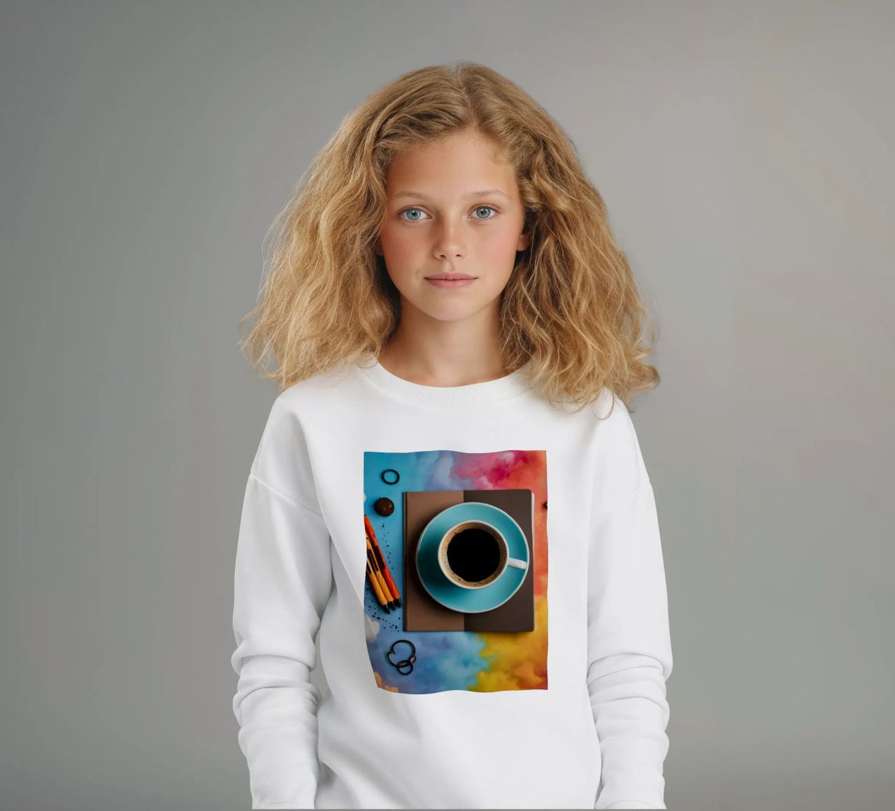 espace de travail avec une tasse de café bleue sur un tableau d'art coloré sweat enfant de DesignDoodle