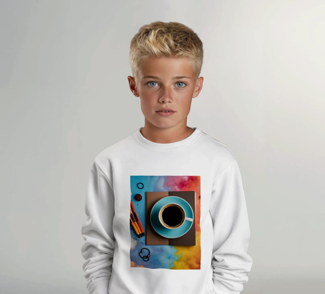 espace de travail avec une tasse de café bleue sur un tableau d'art coloré sweat enfant de DesignDoodle