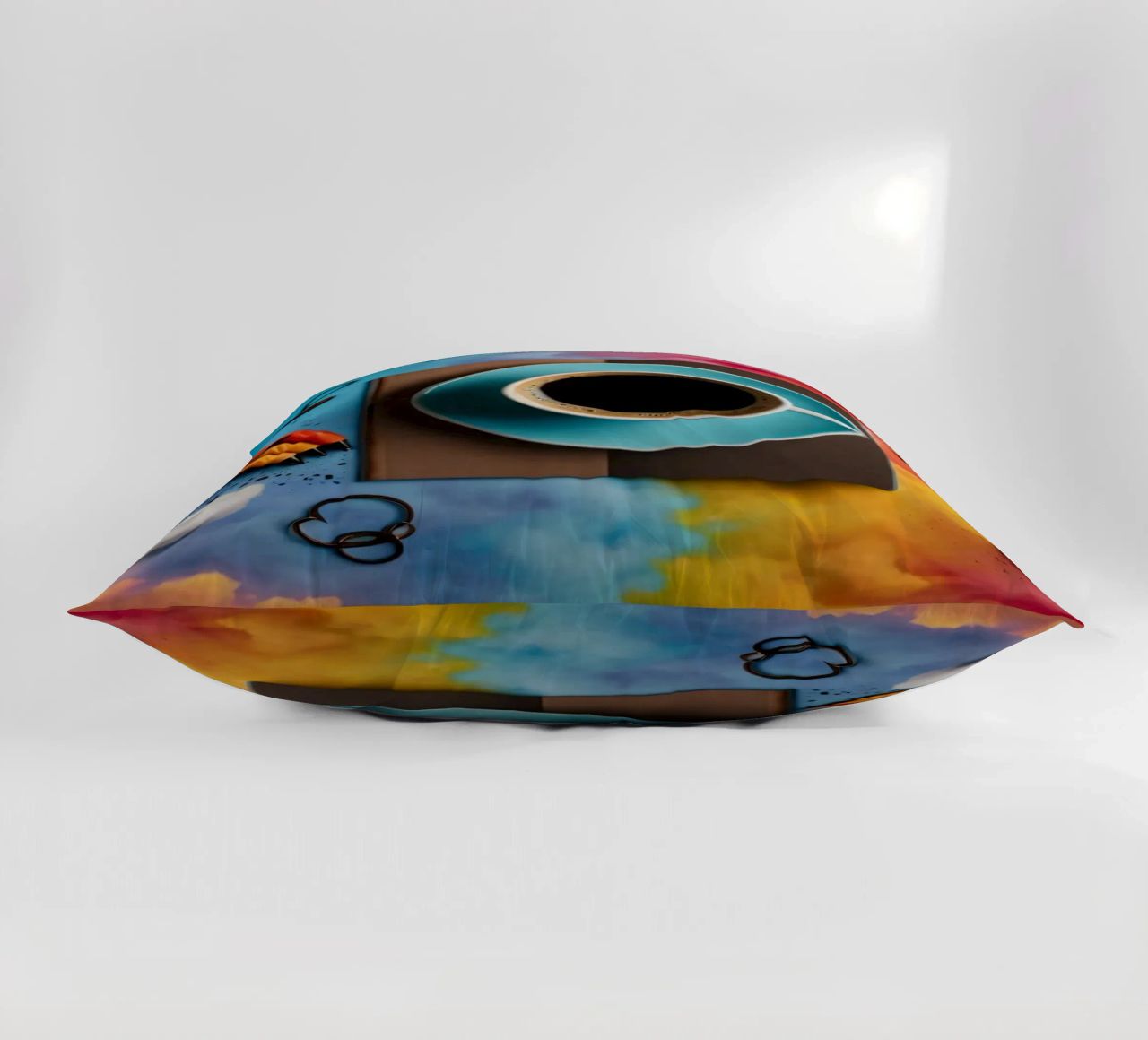 espace de travail avec une tasse de café bleue sur un tableau d'art coloré coussin de DesignDoodle