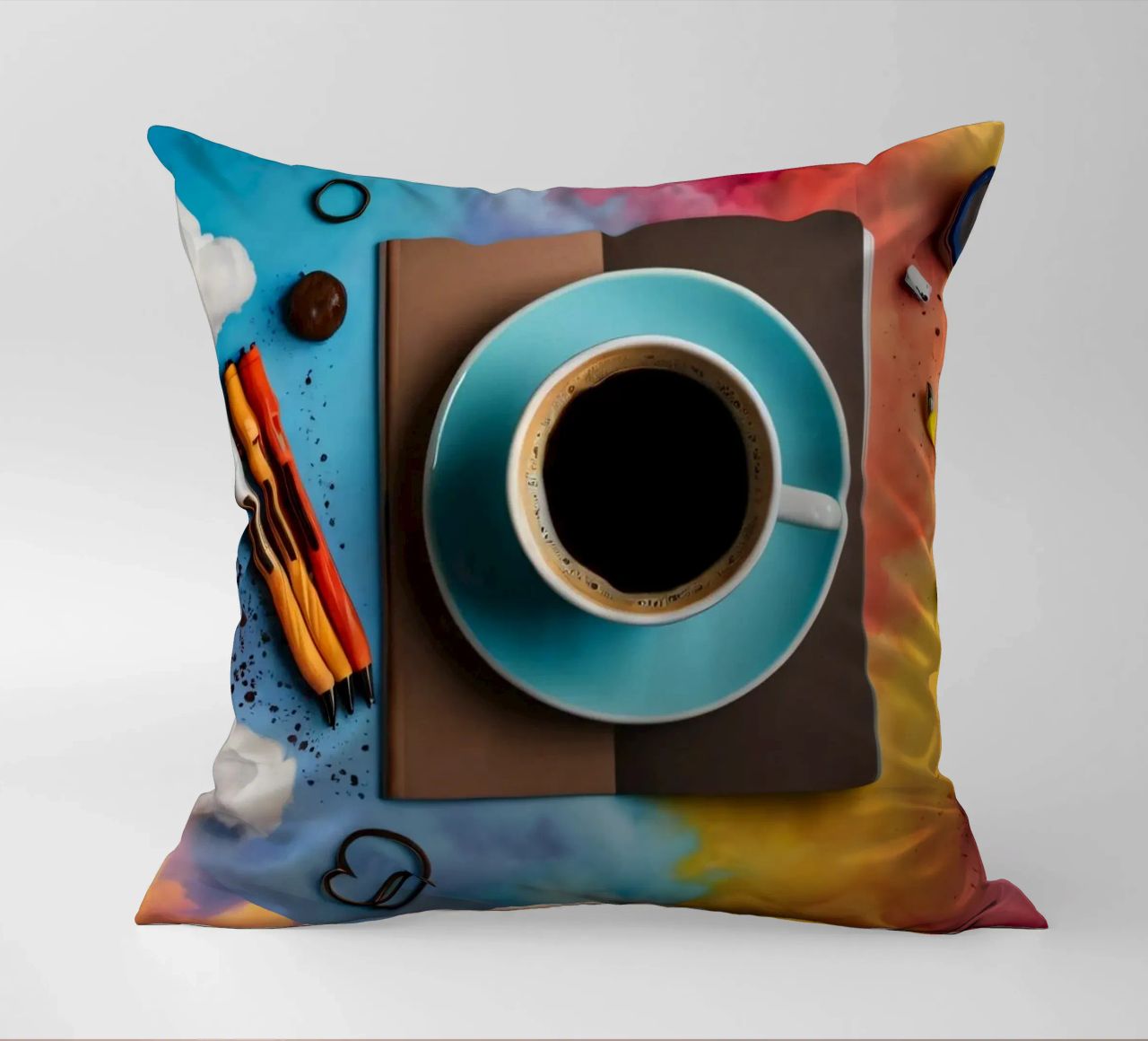 espace de travail avec une tasse de café bleue sur un tableau d'art coloré coussin de DesignDoodle