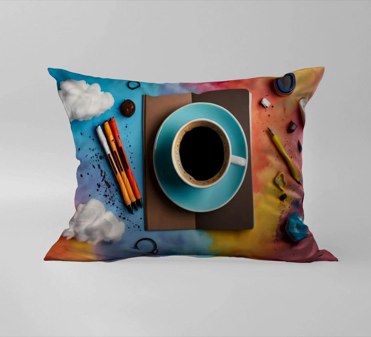 espace de travail avec une tasse de café bleue sur un tableau d'art coloré coussin de DesignDoodle