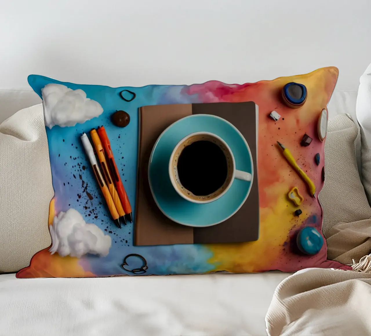 spazio di lavoro caratterizzato da una tazza di caffè blu su un'opera d'arte colorata. cuscino da DesignDoodle
