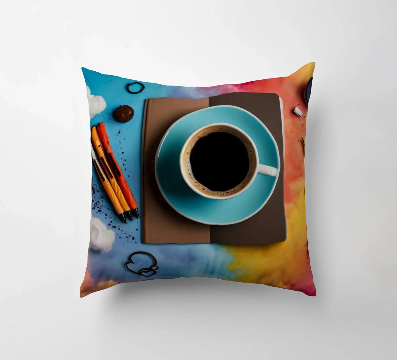 espace de travail avec une tasse de café bleue sur un tableau d'art coloré coussin de DesignDoodle