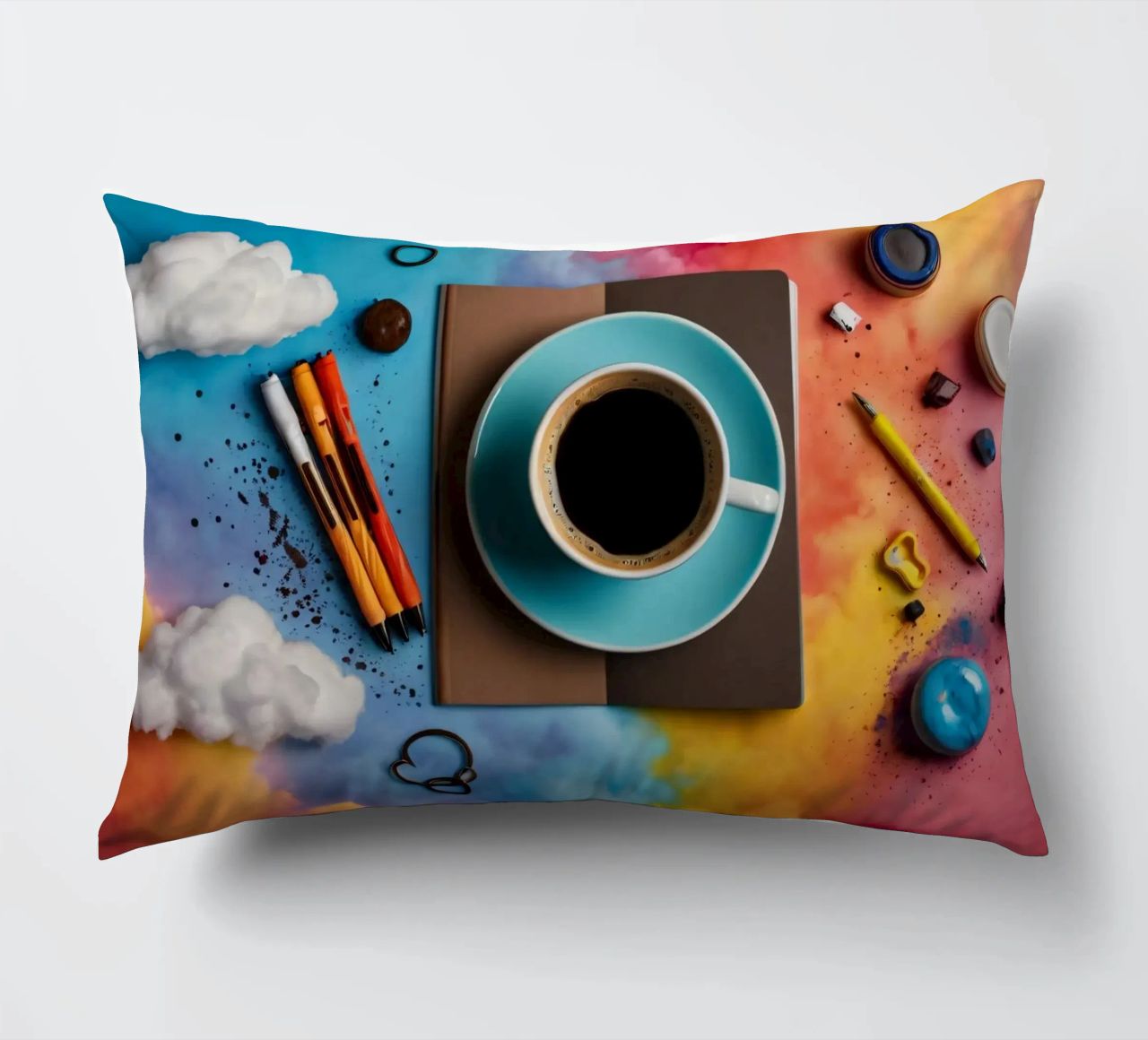 espace de travail avec une tasse de café bleue sur un tableau d'art coloré coussin de DesignDoodle